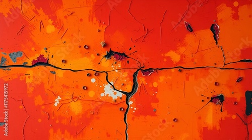 Cracked red wall with peeling paint in urban decay style in red, orange colors, representing dilapidation