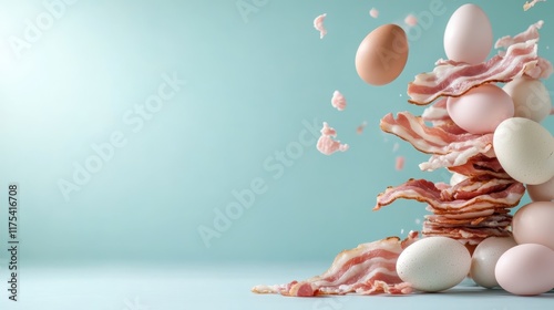 This peaceful composition features bacon strips delicately piled with eggs floating nearby, inviting a sense of warmth and homeliness with its minimalist style. photo