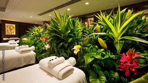 At luxurious green spa hotel, concept of wellness and body care is brought to life through a wide-angle view, capturing vibrant colors of lush surroundings and soothing sounds of nature
