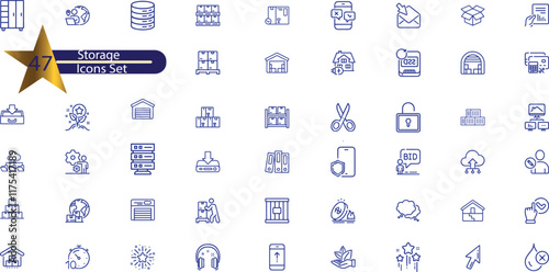 Storage icon set. Containing warehouse, database, box, inventory, container, shelf,
