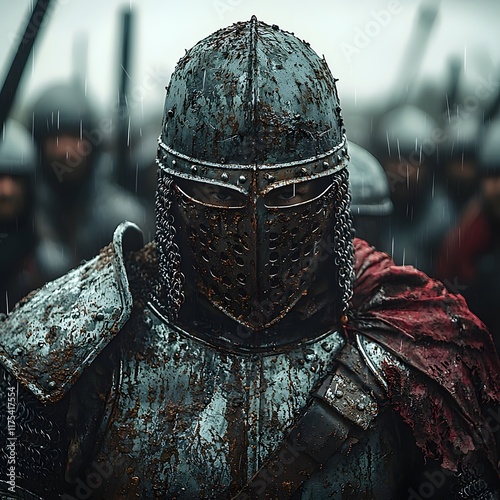 Weathered Warrior s Armor in Misty Battlefield Setting photo