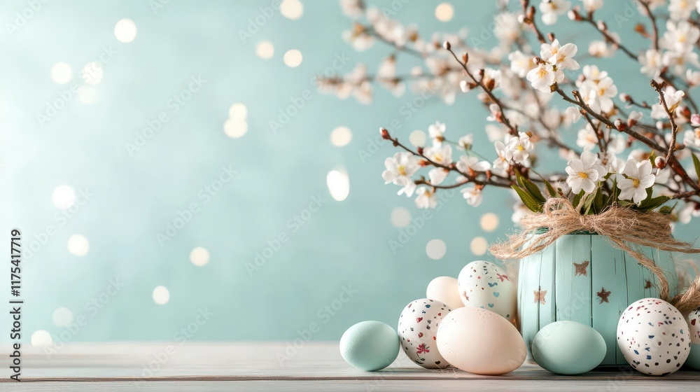 Pastel Easter eggs nestled near blooming branches; a springtime delight! Pastel Easter eggs nestled near blooming branches; a springtime delight!