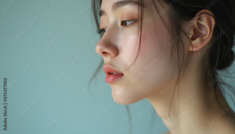 This captivating image features a close-up profile of a young Asian woman with delicate features and a calm expression. The soft blue backdrop enhances her natural beauty, highlighting her flawless This captivating image features a close-up profile of a young Asian woman with delicate features and a calm expression. The soft blue backdrop enhances her natural beauty, highlighting her flawless