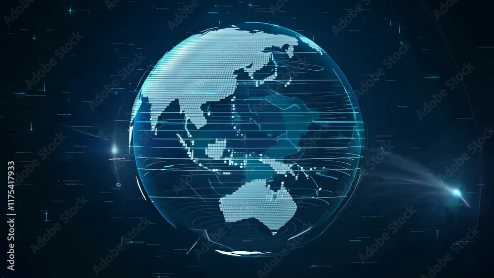 Futuristic digital globe with glowing blue data lines and grid patterns. The rotating world map features a sleek, cyber-inspired design with a minimalistic dark background.