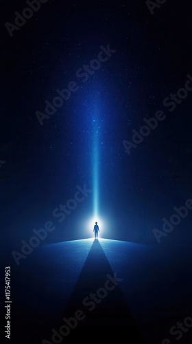 A minimalist rendering of a single person at the start of a radiant arrow path winding upward, personal development concept, sleek