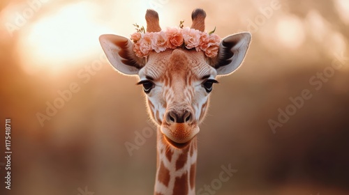 A giraffe stands gracefully with a crown of roses atop its head, bathed in the golden light of the sun, capturing elegance and tranquility in nature's wonder. photo