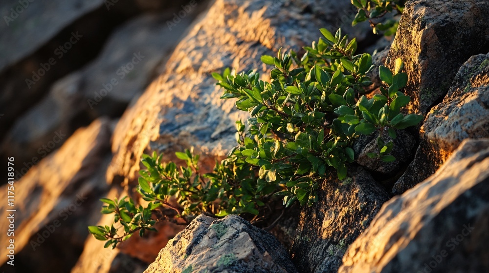 Caper bush on rocky cliffs, warm golden hour lighting with dramatic shadows Caper bush on rocky cliffs, warm golden hour lighting with dramatic shadows