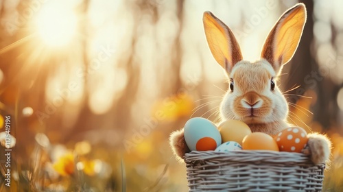 Adorable bunny with Easter eggs in a basket, bathed in warm sunset light. photo