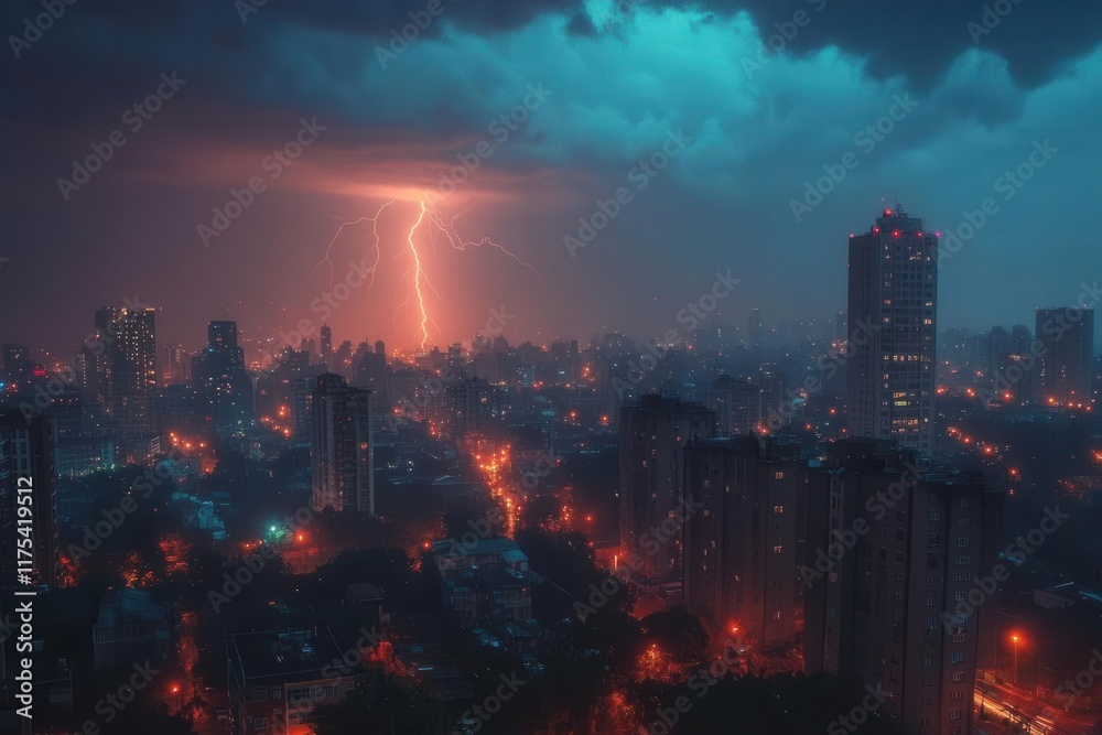 Obraz premium dramatic image of lightning striking a bustling city skyline at night illuminating buildings under a stormy sky capturing the energy and intensity of natures power against urban life
