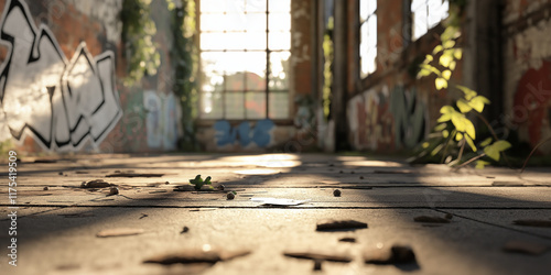 A sun-drenched abandoned warehouse with vibrant graffiti-covered walls showcases the beauty of urban decay, combining nature's reclaim with modern artistic influence. photo