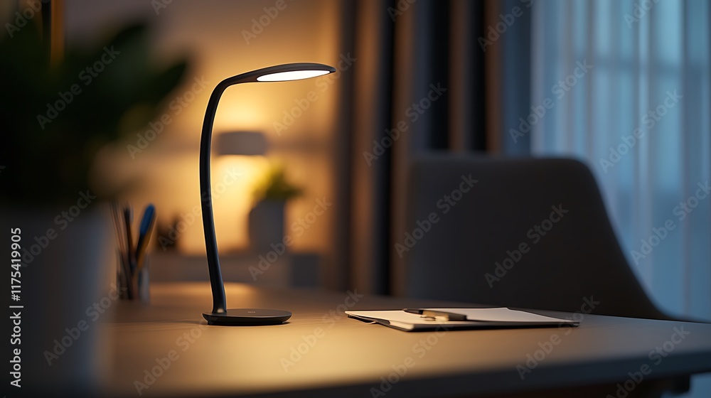 Fototapeta premium Modern Desk Lamp Illuminates Workspace At Night