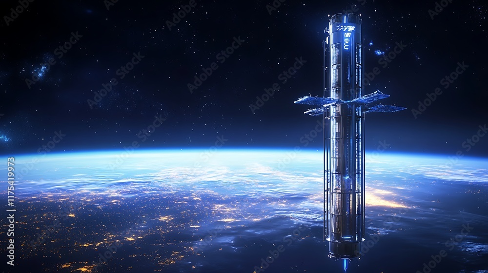 A futuristic space elevator stretching from a glowing earth to the stars, with advanced spacecraft docked around the structure