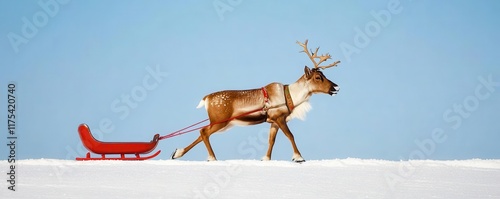 A reindeer pulling a sled uphill with a sigh, blank space for overlay text, relatable meme, funny struggles photo