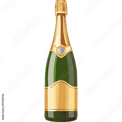 Green champagne bottle with label vector illustration. Golden festive sparkling drink in luxury packaging on isolated background.