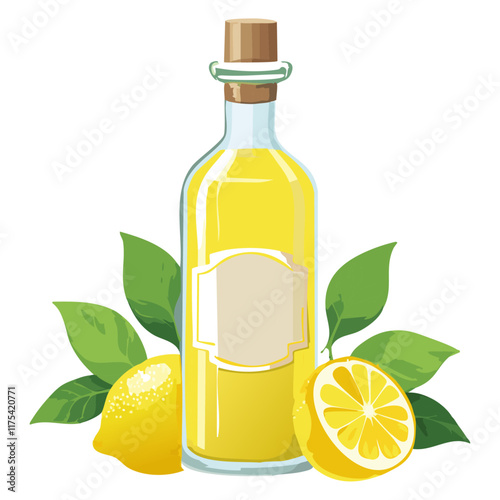 Bottle of lemon liqueur limoncello vector illustration. Composition of yellow lemons and traditional Italian alcoholic drink. For menu and design.