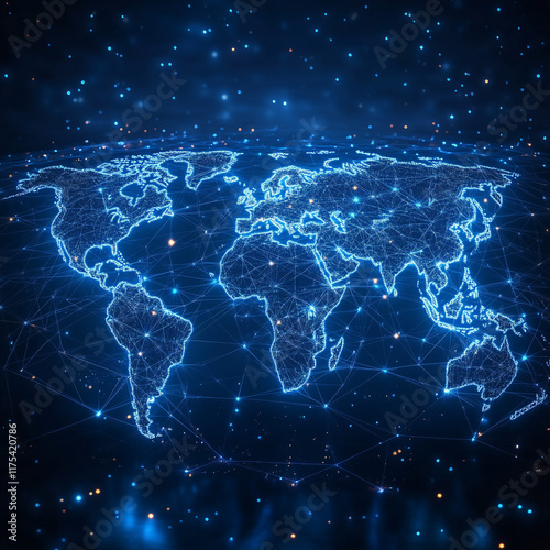 Neon blue world map with glowing connections and stars on a dark background