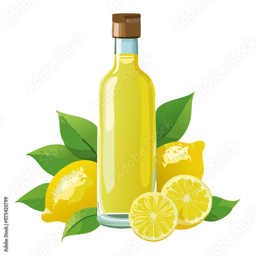 Bottle of lemon liqueur limoncello vector illustration. Composition of yellow lemons and traditional Italian alcoholic drink. For menu and design.
