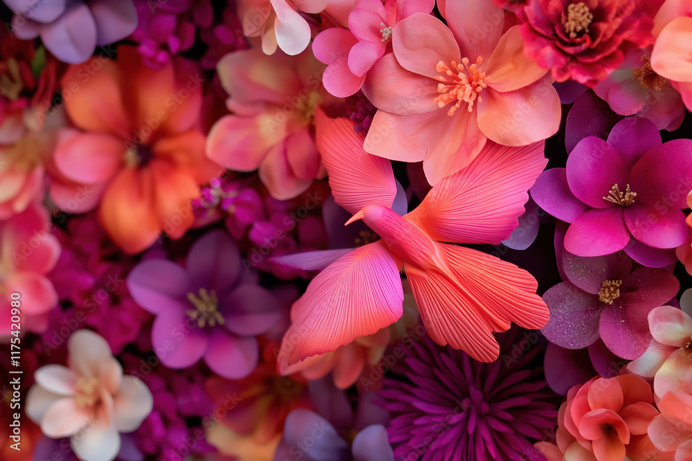 Fototapeta premium Colorful arrangement of artificial flowers with a butterfly in vibrant hues