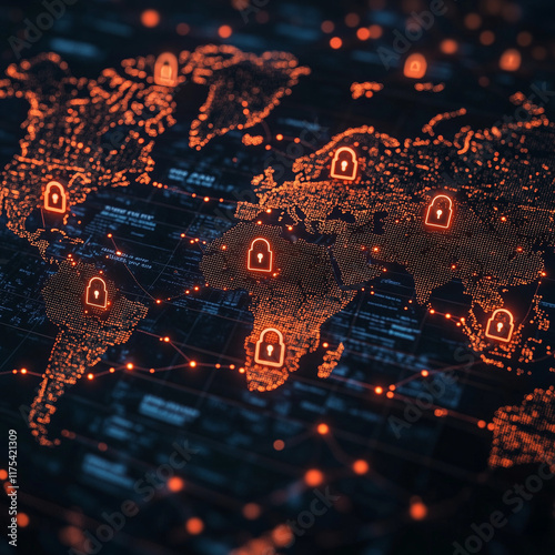 Global cybersecurity map with glowing orange lock icons. photo