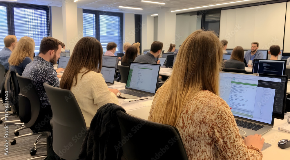 A modern classroom setting where students engage with laptops during a learning session. A modern classroom setting where students engage with laptops during a learning session.