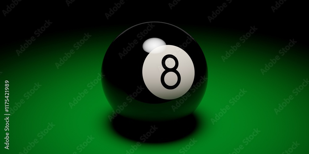 Black eight ball on green table cloth background with spotlight, pool billiard game but also concept of luck, chance, and destiny Black eight ball on green table cloth background with spotlight, pool billiard game but also concept of luck, chance, and destiny