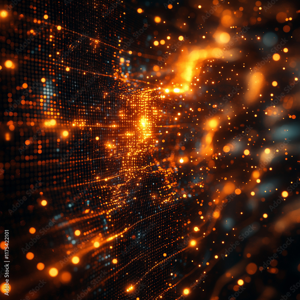Obraz premium Abstract glowing orange lights and digital grid pattern.