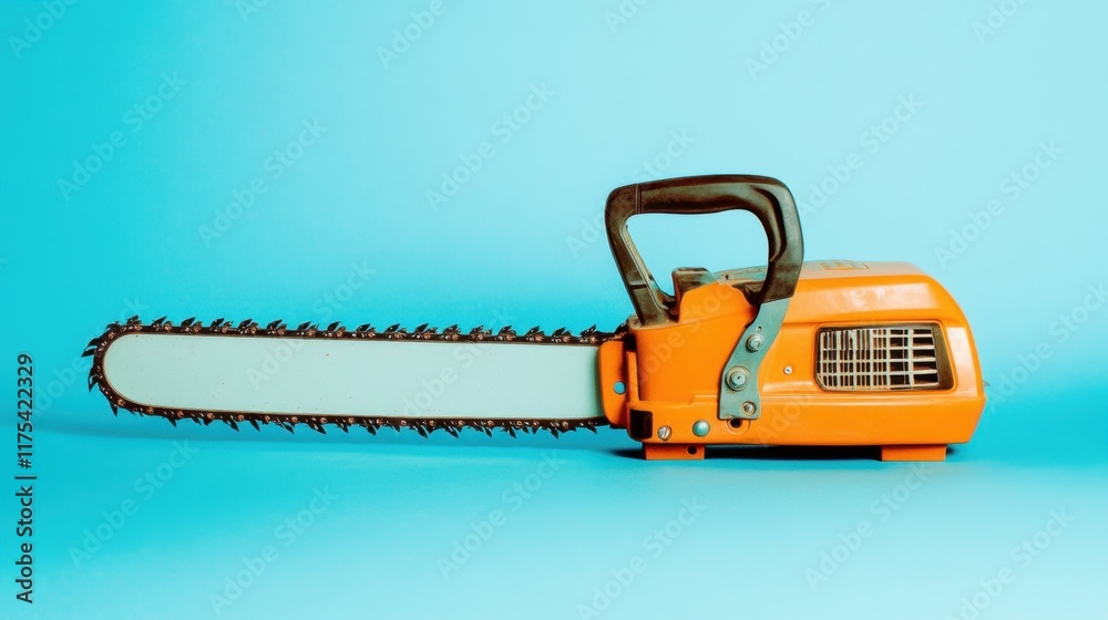 Fototapeta premium A professional chainsaw with a sturdy handle on a pastel blue background for a fresh look