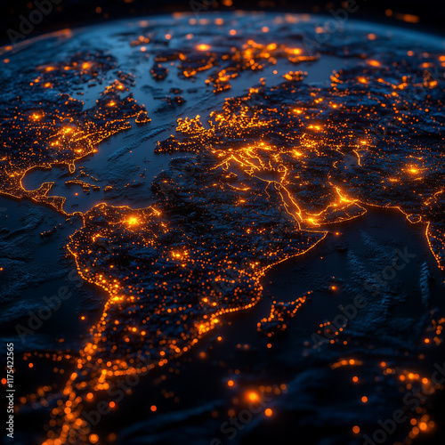 Nighttime earth view with glowing orange global connections.