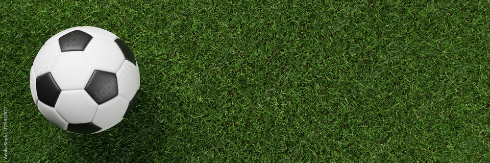 Soccer ball on green lawn or grass background wide banner with copy space on the right, flat lay from above Soccer ball on green lawn or grass background wide banner with copy space on the right, flat lay from above