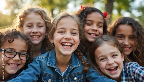 A vibrant group of six girls, diverse in appearance, radiates joy as they share a moment of laughter in a sunlit park. Their beaming smiles and playful expressions capture the essence of friendship