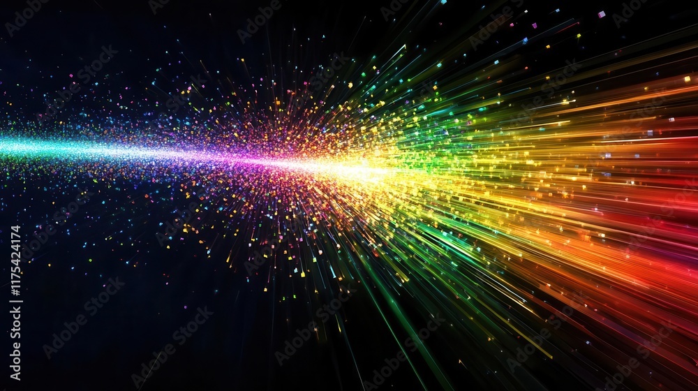 Obraz premium A trail of rainbow particles bursting outward from a central point, highenergy and vibrant