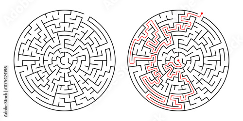 Maze puzzle in circular shape with red solution path. Start and finish maze challenge. Isolated labyrinth graphic.