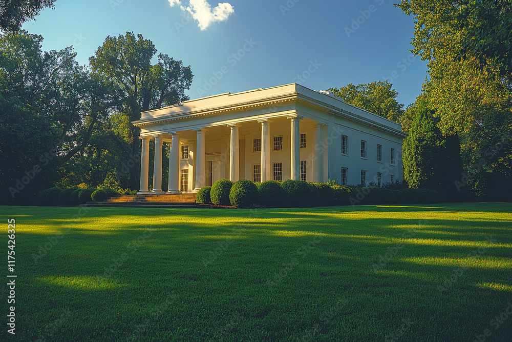 Obraz premium Elegant White Colonnaded Mansion on Green Lawn