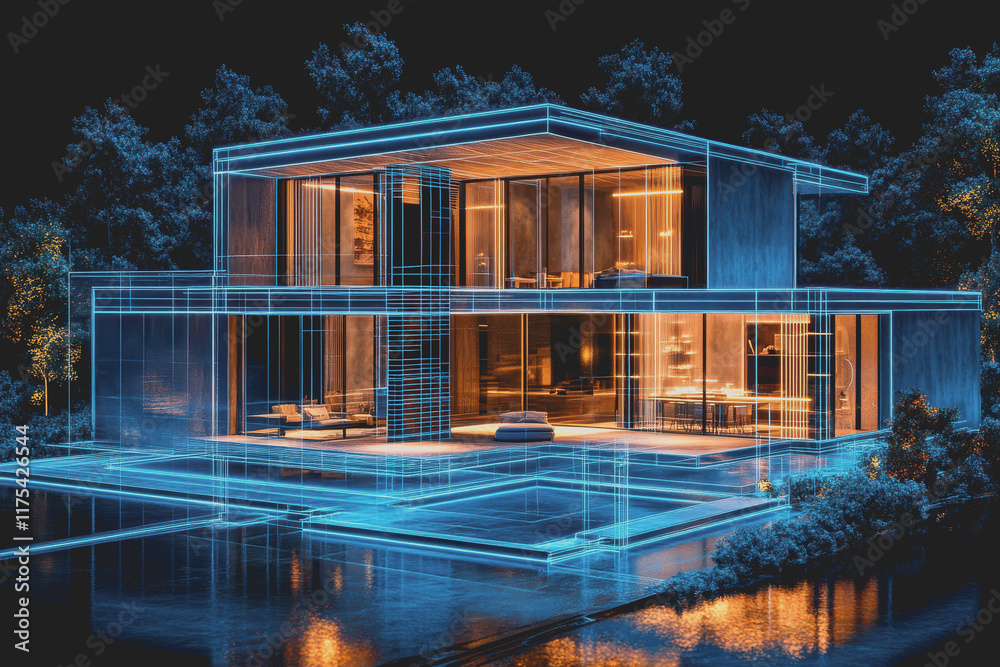 Fototapeta premium Luxury house on black background, 3d art lines, blueprint, transparent blue neon lights.