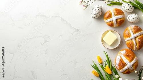 Delicious hot cross buns arranged beautifully on a marble countertop, accompanied by butter and fresh yellow tulips, perfect for Easter celebrations and festive gatherings.