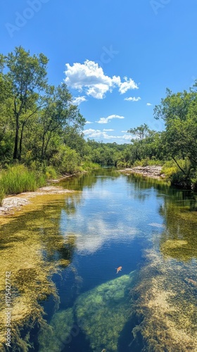 Clear stream flows, green banks, blue sky.