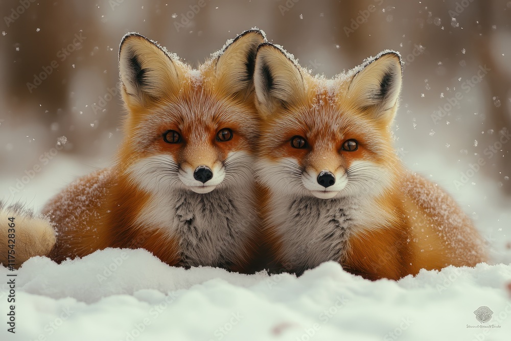 Fototapeta premium Two red foxes sitting calmly in a snowy forest during winter with soft snowflakes falling around them