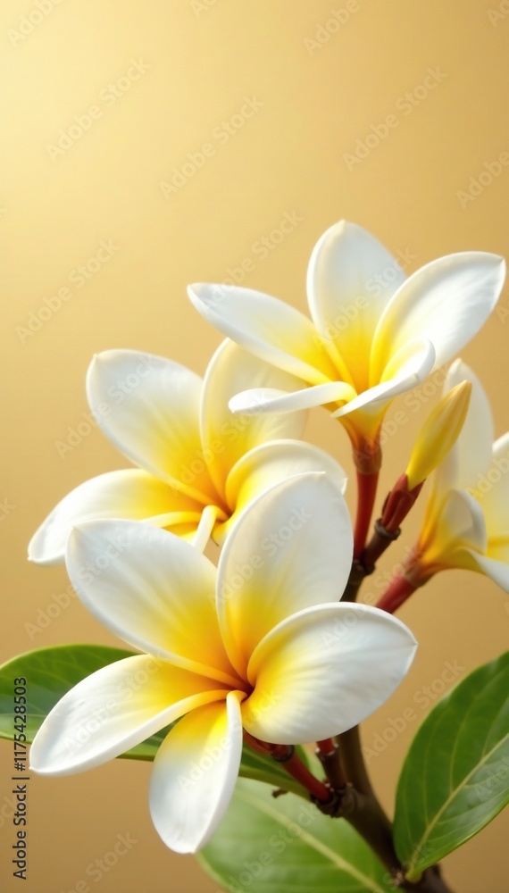 Fototapeta premium delicate frangipani blooms on a warm beige background, white, yellow, garden