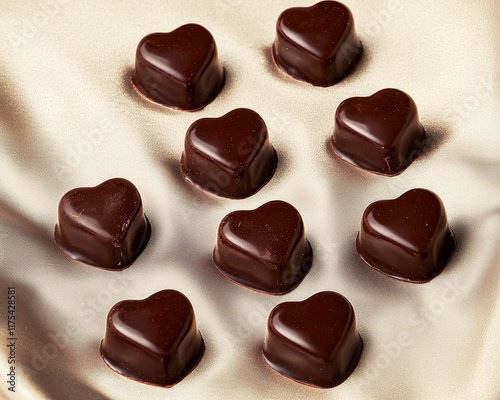 Elegant heart-shaped chocolate pieces on luxurious silk cloth gourmet food art romantic decor soft lighting indulgent concept