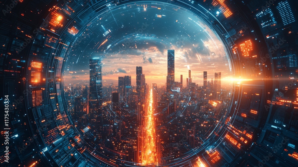 Fototapeta premium Futuristic Cityscape with Abstract Technology and Sunset Glow