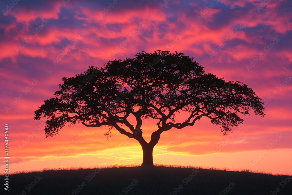 Silhouetted Oak Tree Against Vibrant Sunset Sky Silhouetted Oak Tree Against Vibrant Sunset Sky