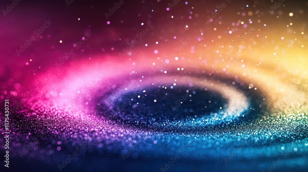 Fototapeta premium Rainbow powder particles creating concentric circular waves, stylized and textured