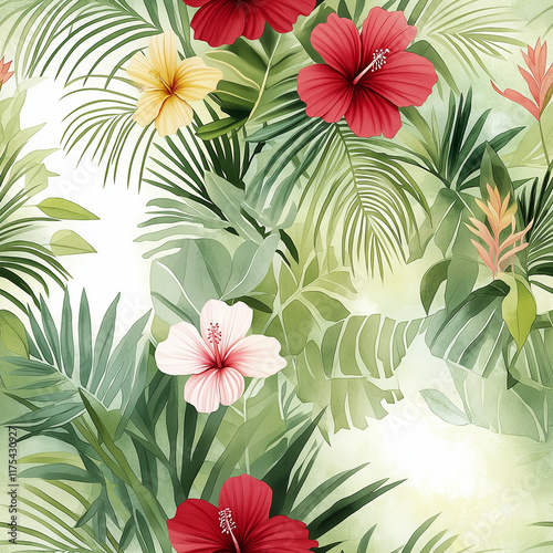 Watercolor painting of a tropical garden featuring orchids, heliconias, and lush greenery, vibrant and exotic , whimsical illustration art style