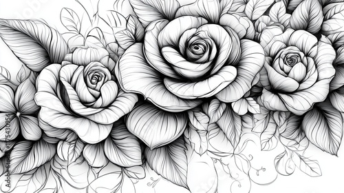 Intricate Hand-Drawn Roses with Detailed Leaves Vintage-Inspired Rose Illustrations for Home Decor Black and White Floral Line Art for Adult Coloring Books Stylized Botanical Sketches for Graphic