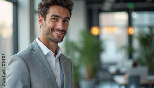 A handsome man in a light gray suit stands confidently in a contemporary office space  exuding charm and professionalism. His warm smile and well-groomed appearance create an inviting atmosphere