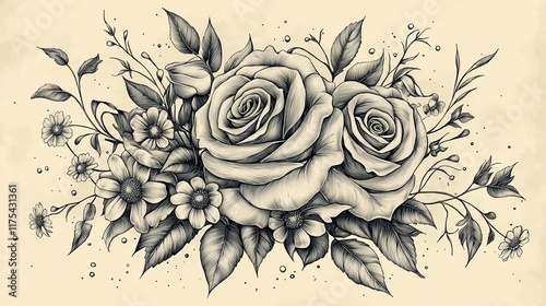 Intricate Hand-Drawn Rose Bouquet with Delicate Vines and Daisies Intricate Floral Line Art for Wedding Stationery Botanical Sketch Illustrations for Home Decor Hand-Drawn Roses and Daisies