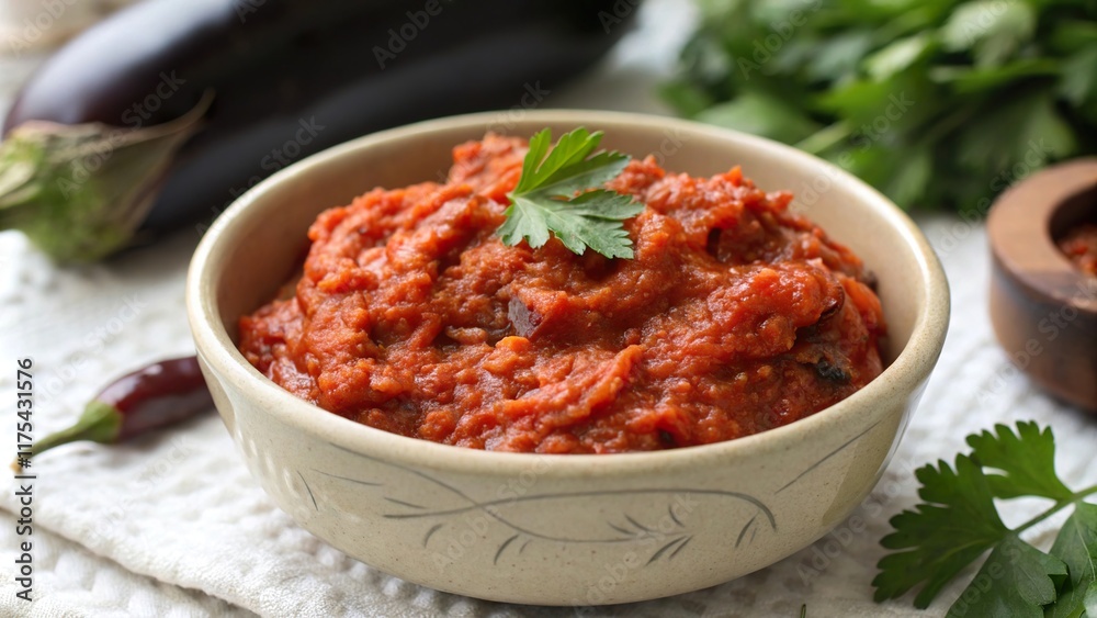 Close up of ajvar texture showcasing rustic and flavorful chunks made from roasted peppers and eggplant Close up of ajvar texture showcasing rustic and flavorful chunks made from roasted peppers and eggplant