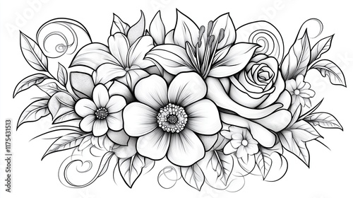 Intricate Floral Arrangement with Roses, Daisies, and Flowing Leaves in Bold Line Art Botanical Line Art for Adult Coloring Books Floral Sketch Designs for Wall Art Prints Hand-Drawn Flower 