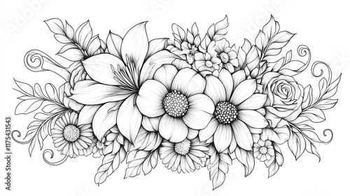 Intricate Floral Arrangement with Roses, Daisies, and Flowing Leaves in Bold Line Art Botanical Line Art for Adult Coloring Books Floral Sketch Designs for Wall Art Prints Hand-Drawn Flower 