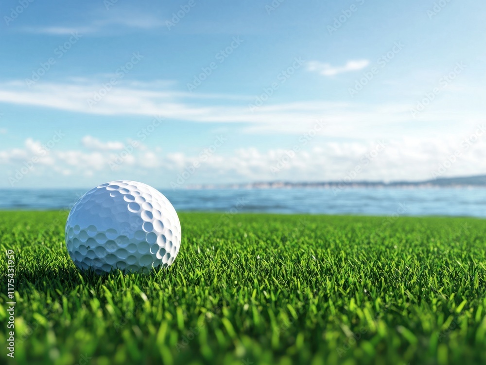 Golf Ball on Lush Green Grass by Tranquil Water Under Blue Sky Golf Ball on Lush Green Grass by Tranquil Water Under Blue Sky